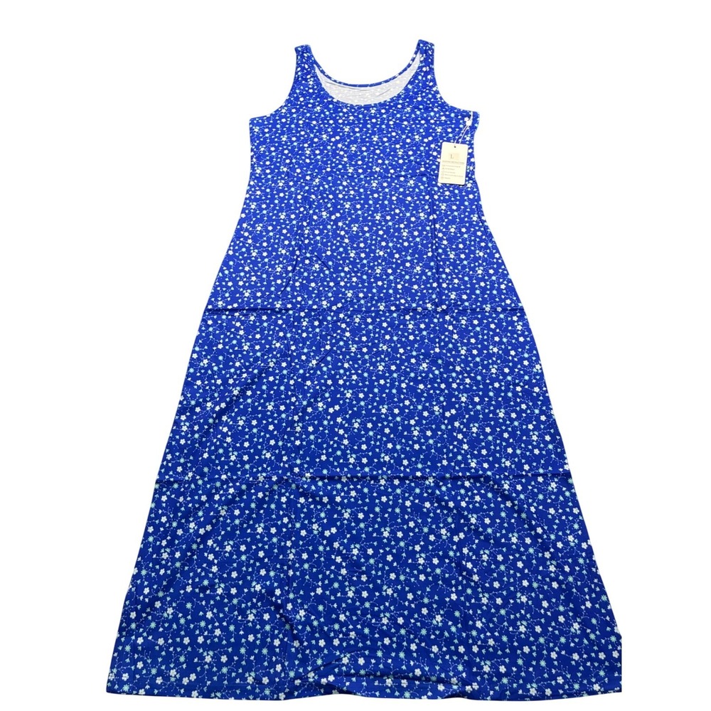 Dearmsrose Blue Floral Sleeveless Maxi Tank Dress Side Slits Summer Resort SZ XL